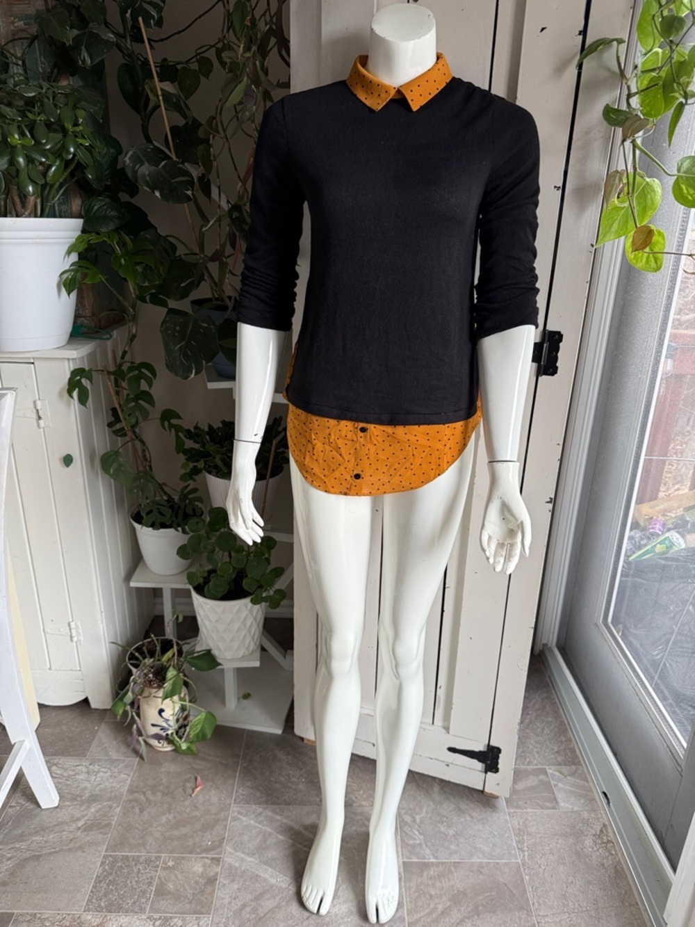 Black Sweater Layered Look with Mustard Polka Dot (sewn in) Shirt NWOT